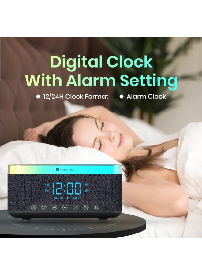 بورترونيكس Portronics Trifusion 16W HD Sound Bluetooth Speaker with 15W Wireless Charging, 360°RGB LED Lights, Digital Clock with Alarm Setting, Built-in White Noise, USB/SD Card/AUX in, Type C Charging(Black) - Image 5